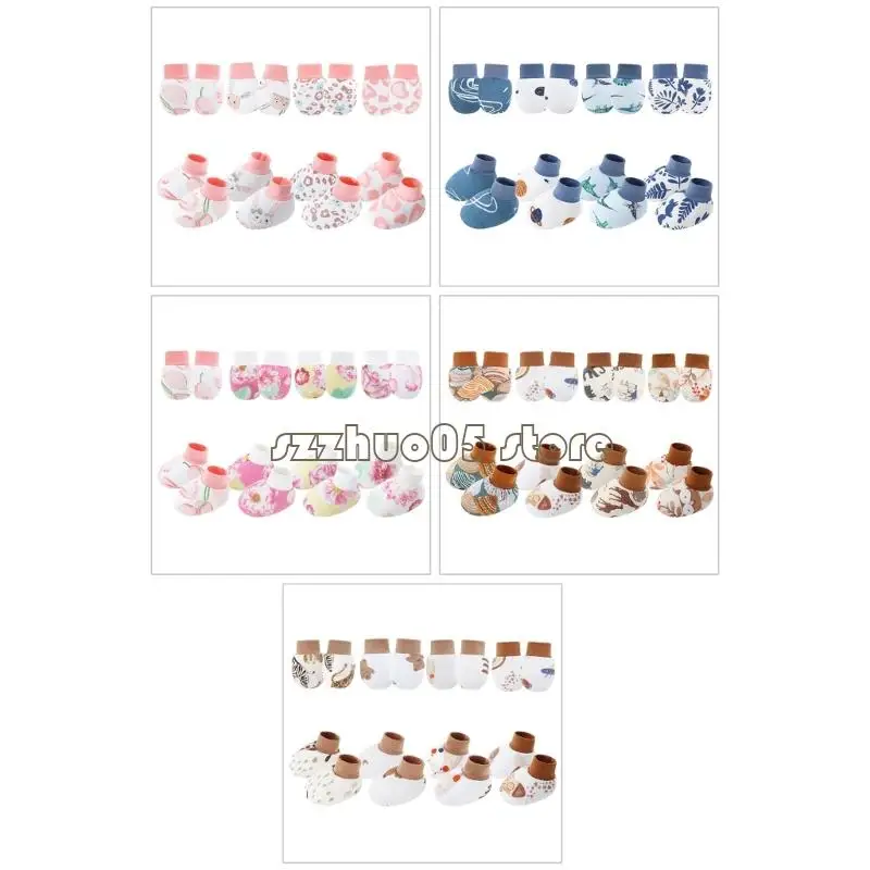 M3GE 4 مجموعة قفازات قطنية للأطفال مقاومة للخدش مع جوارب للرضع الأولاد والبنات