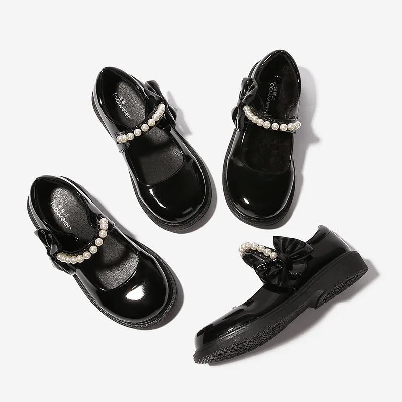 Girl Leather Shoes Fashion Uniform School Black Shoes Glossy Bowknot Pearl Kids Fashion Round-toe Children Princess Single Shoes