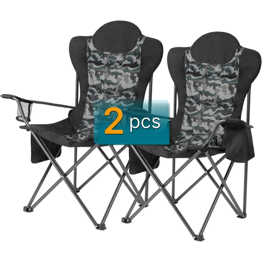 

Folding Camping Chairs, Camping Chairs for Heavy People, With Cup Holder & Cooler Bag, Camp Chairs Supports 300lbs (2 Pcs, Camo)