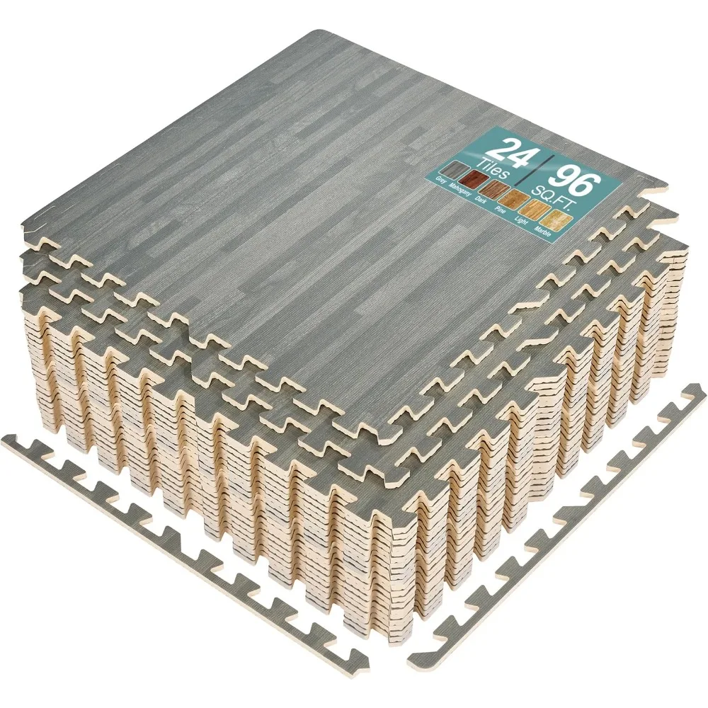 96 Sq.Ft.Wood Grain Floor Tiles Foam Mat EVA Interlocking Mats Tile 3/8-Inch Thick Flooring Wood Puzzle Exercise Mats w/Borders