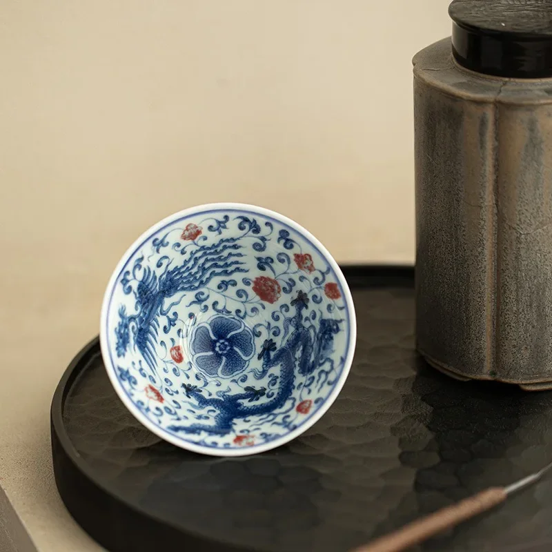 1PC Jingdezhen Antique Blue and White Dragon and Phoenix Master Cup Teacup Exquisite TeaCup Ceramic TeaSet Hat Cup KungFu Teacup