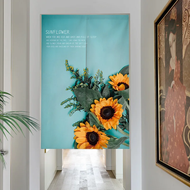 Fresh Sunflowers changing room Curtain Privacy Partition Doorway Curtains Kitchen Entrance Noren Linen Hanging Half-curtain