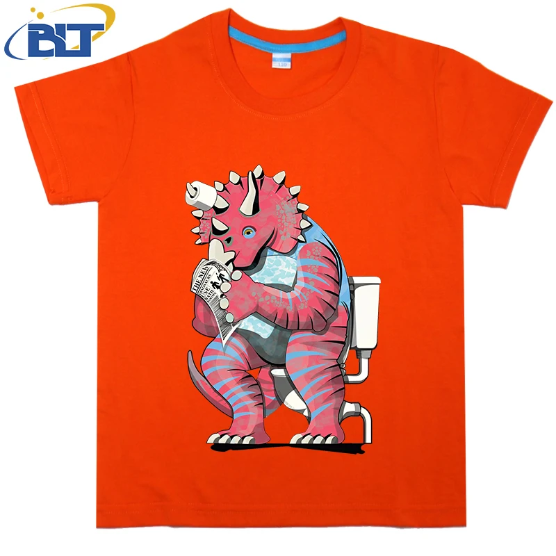 T-shirt imprimé Triceratops sur les toilettes pour enfants, haut décontracté à manches courtes, coton, adapté aux garçons et aux filles, été