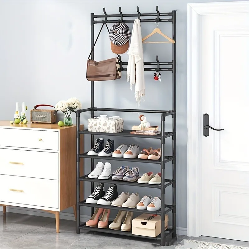 4/5-Tier Metal Coat and Shoe Rack with 8 Hooks ,for Living Room, Bedroom, Office, Shoe Storage Organizer, Shoe Storage Organizer