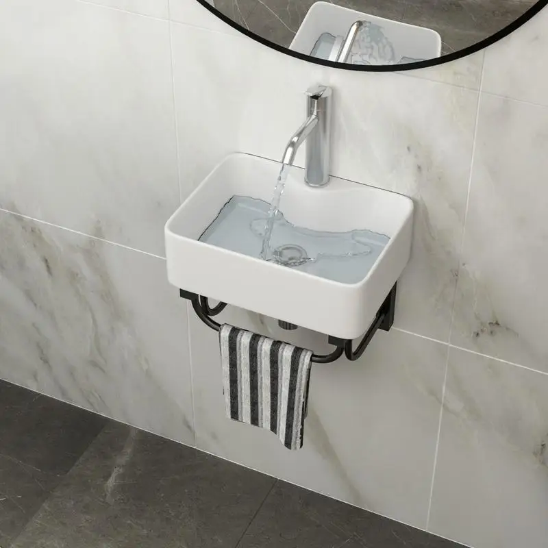 حوض سيراميك مستطيل مثبت على الحائط مقاس 16 × 12 بوصة مع شريط منشفة أسود وفتحة صنبور للحمام #2