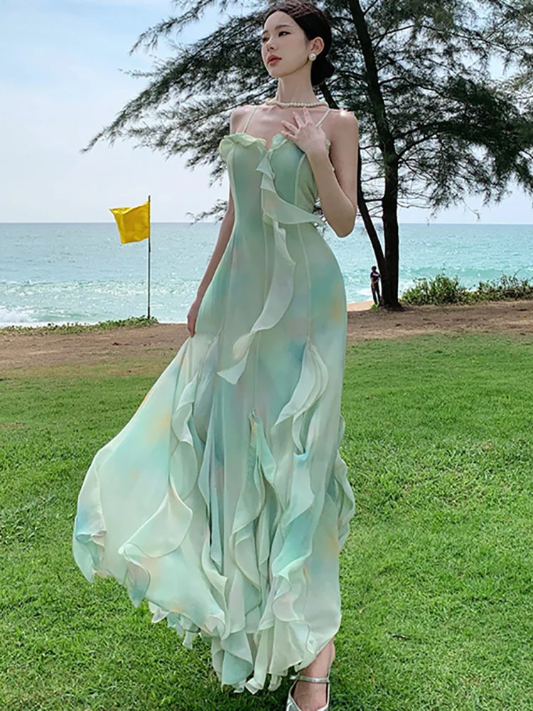 

2024 New Green Chiffon Ruffled Luxury Sling Long Dress Summer Elegant Casual Beach Style Dress Women Korean Bodycon Party Dress