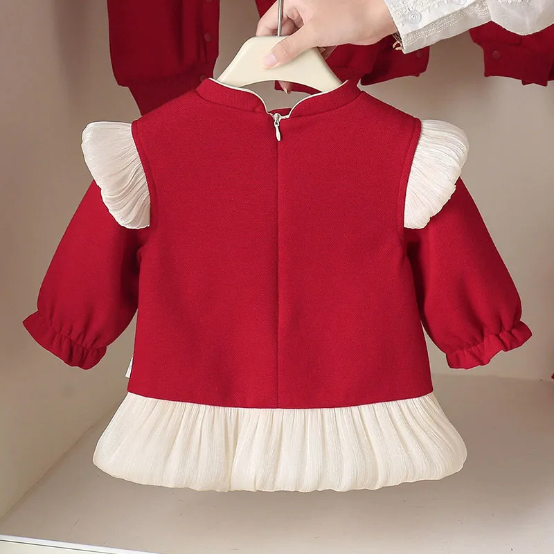 Spring Autumn Baby Girl Clothes Chinese Style New Year Red Embroidery Long Sleeve Princess Toddler Dress Birthday 1 Year B413