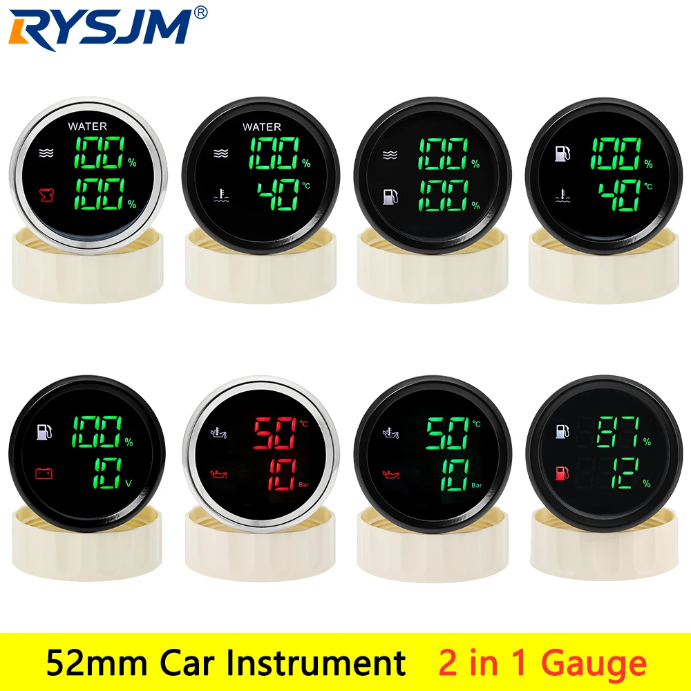 

Car Digital Dual Display Gauge With Alarm 52MM Water Level Sewage Level Oil Press Oil / Water Temp Volt Meter 2 In 1 Instruments