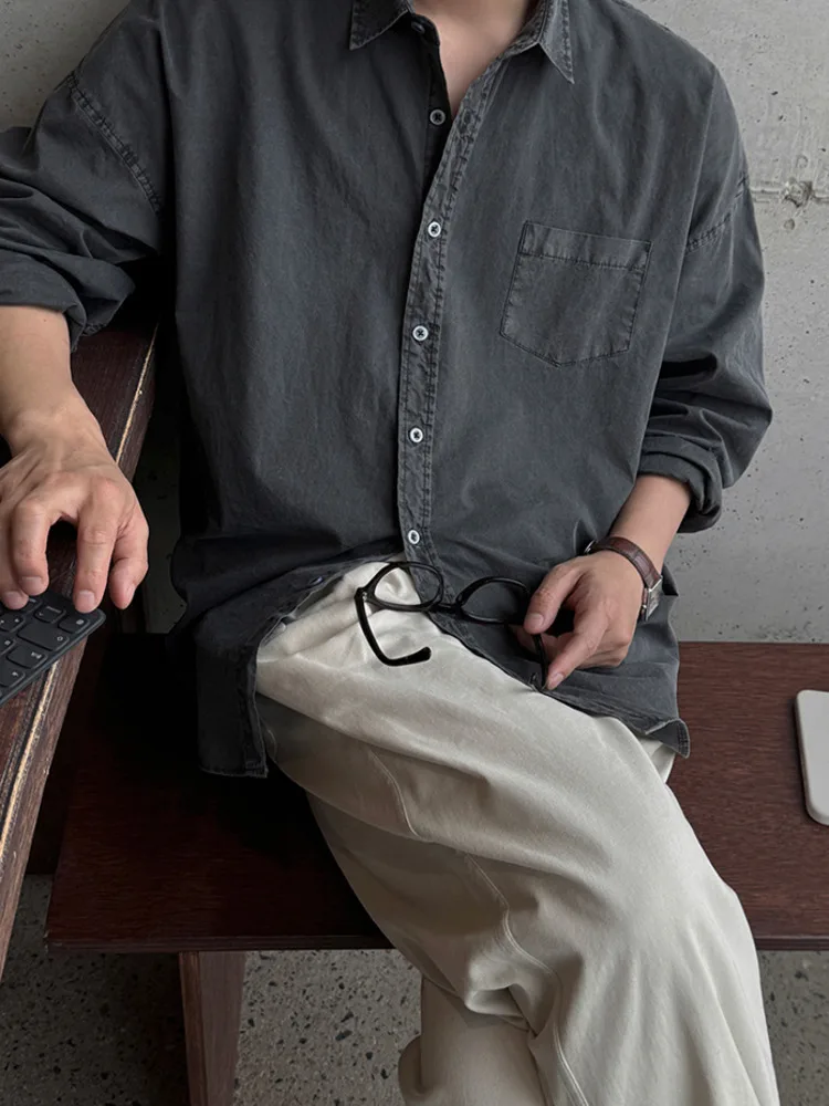 SYUHGFA 2026 printemps Niche Design hommes chemises col rabattu couleur unie Vinntage à manches longues simple boutonnage homme chemise hauts