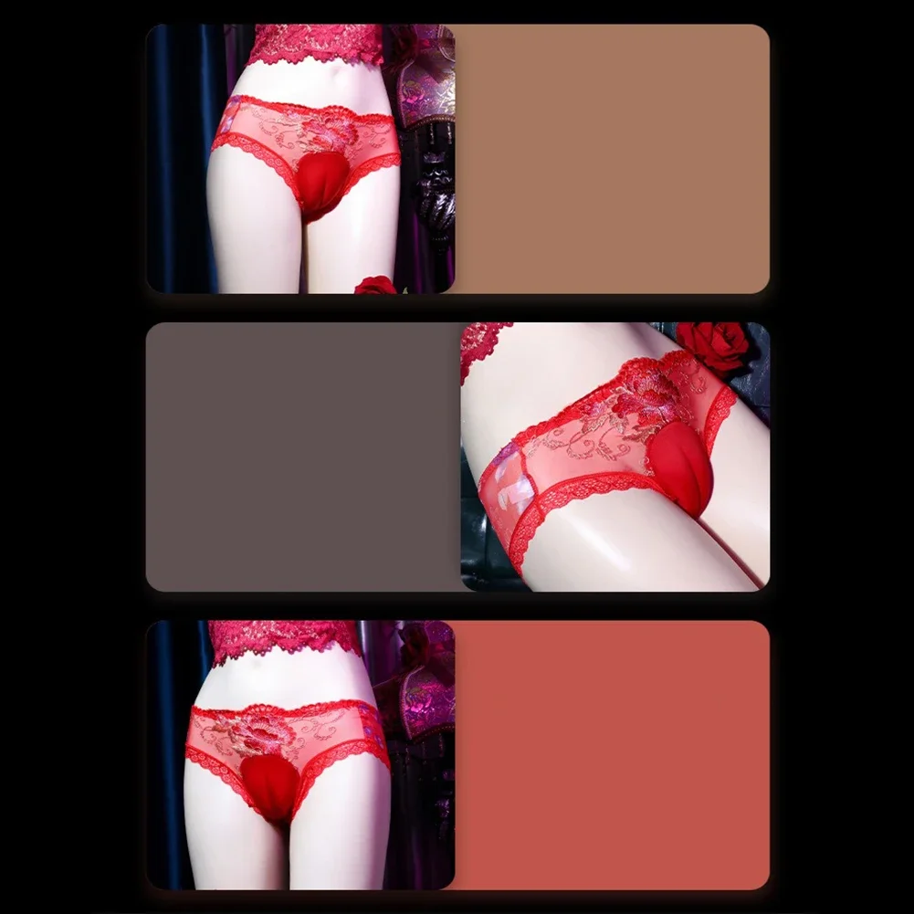 Sexy Men Crossdress Fake Pussy Hiding Gaff Panties Camel Toe Briefs Sissy Underpants Sheer Lace Flower Embroidery Underwear