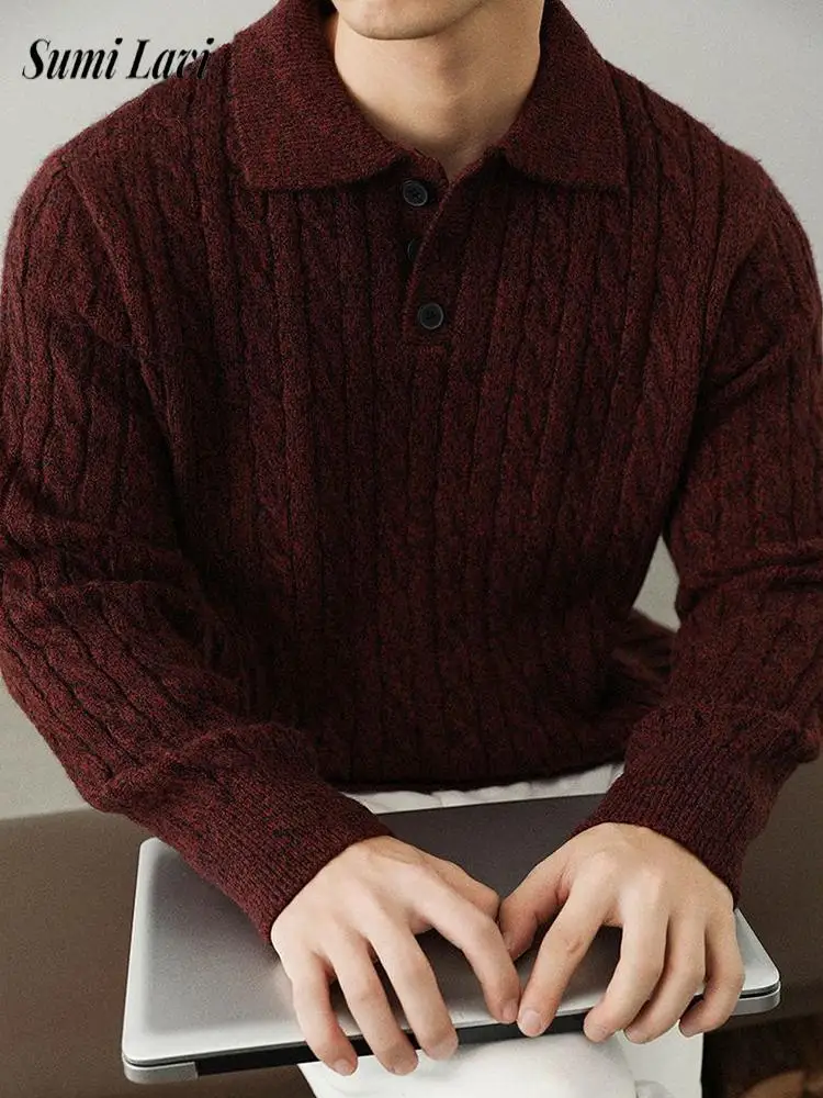 

Stylish Mens Slim Knitted Jumpers Autumn Winter Outdoor Casual Twist Jacquard Knit Polo Shirt Men Vintage Buttoned Polo Sweaters