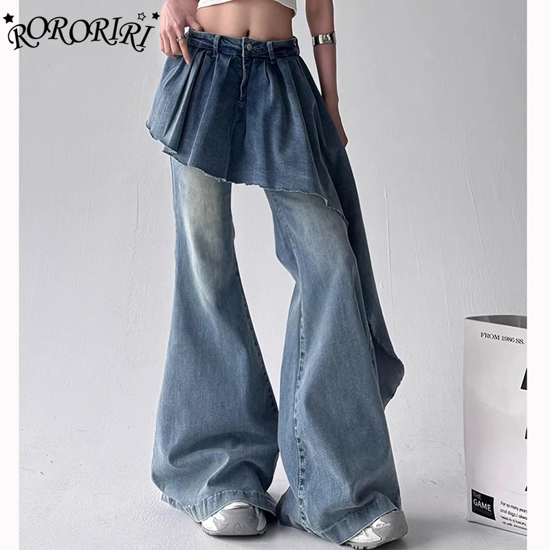 

RORORIRI Women Flare Jeans With Floating Tail Skirt Fake Two Piece Skirt Pants Korean Style Floor Length Denim Pants Streetwear