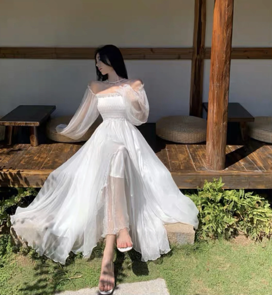 Elegant Holiday Beach Dresses Summer Women Solid White Puff Sleeve Slash  Neck Off Shoulder Korean Fashion Chiffon Dresses - AliExpress
