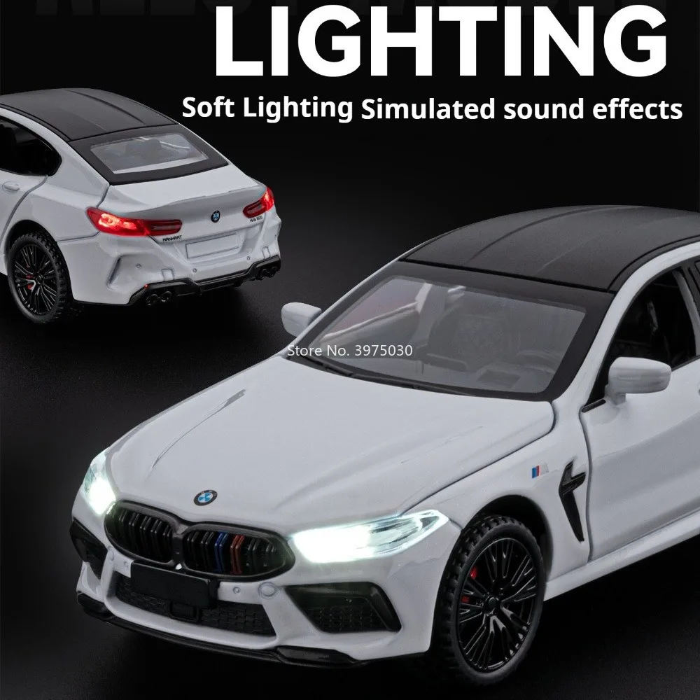 Maßstab 1:32 BMW M8 Modelle Autos Legierung Druckguss Spielzeug mit Licht Sound Fahrzeuge Türen geöffnet Miniatur Auto Büro Tisch Ornament