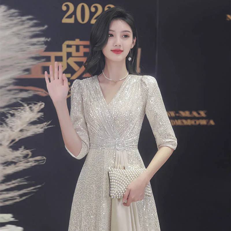 여성용 샴페인 이브닝 원피스, 연회, 품격 있는 레이디, 연회 주최자, 긴팔, 가을