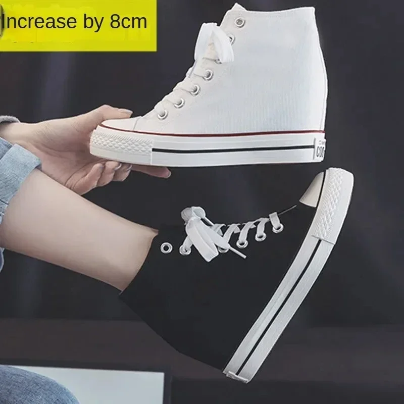 High 8cm Platform Canvas Shoes for Women Hidden Heels High Top Casual Shoes Fashion Designer Thick Sole Wedge Sneakers for Women - view 3