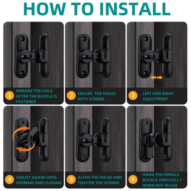BAAY 90/180도 각도 뒤집기 및 슬라이드 헛간 도어 잠금 장치. 견고한 아연 합금 도난 방지 볼트. (블랙)
