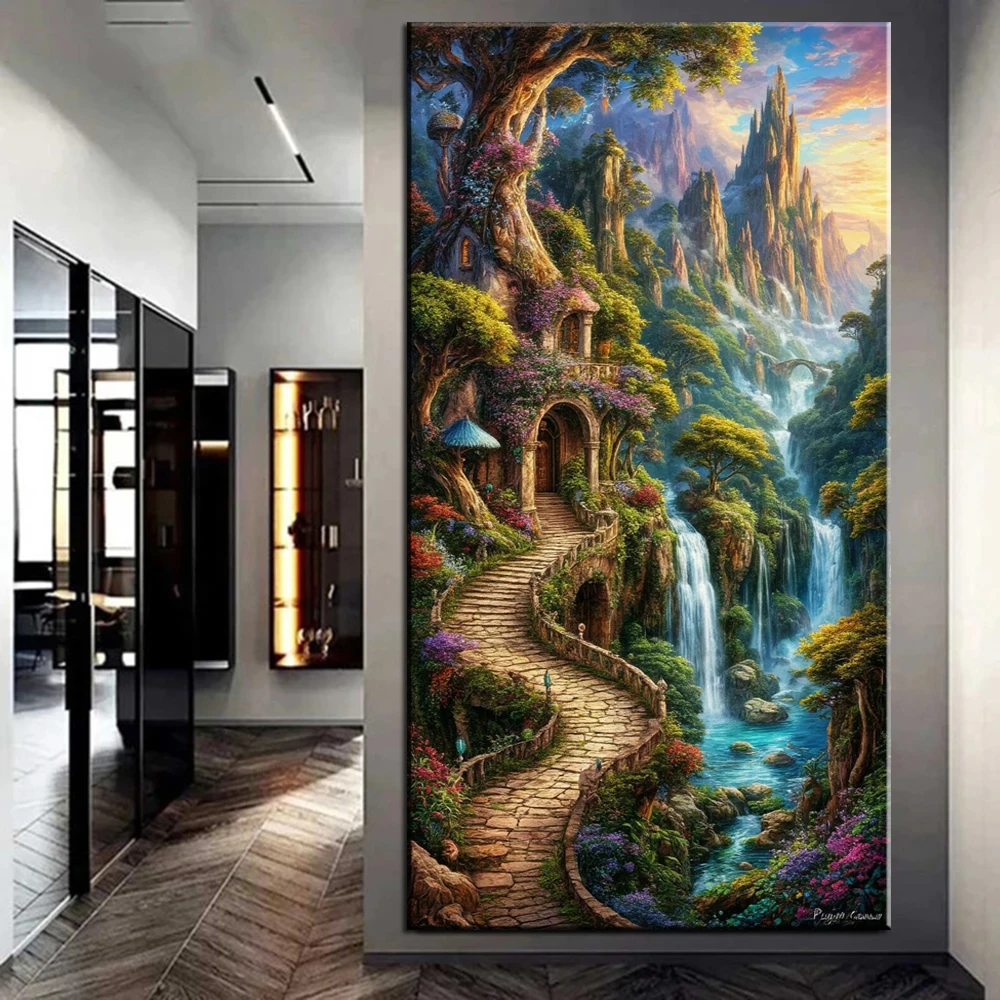 Wasserfall Baum Landschaft 5D Diamant Malerei Diy Schmuck Kreuzstich voller Diamant Mosaik Kunst Fantasy Haus Wald Home Decor