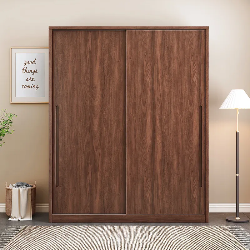 LMM, Solid Wood Wardrobe Bedroom Household Black Walnut Sliding Door Wardrobe Hanging Storage Floor Cabinet