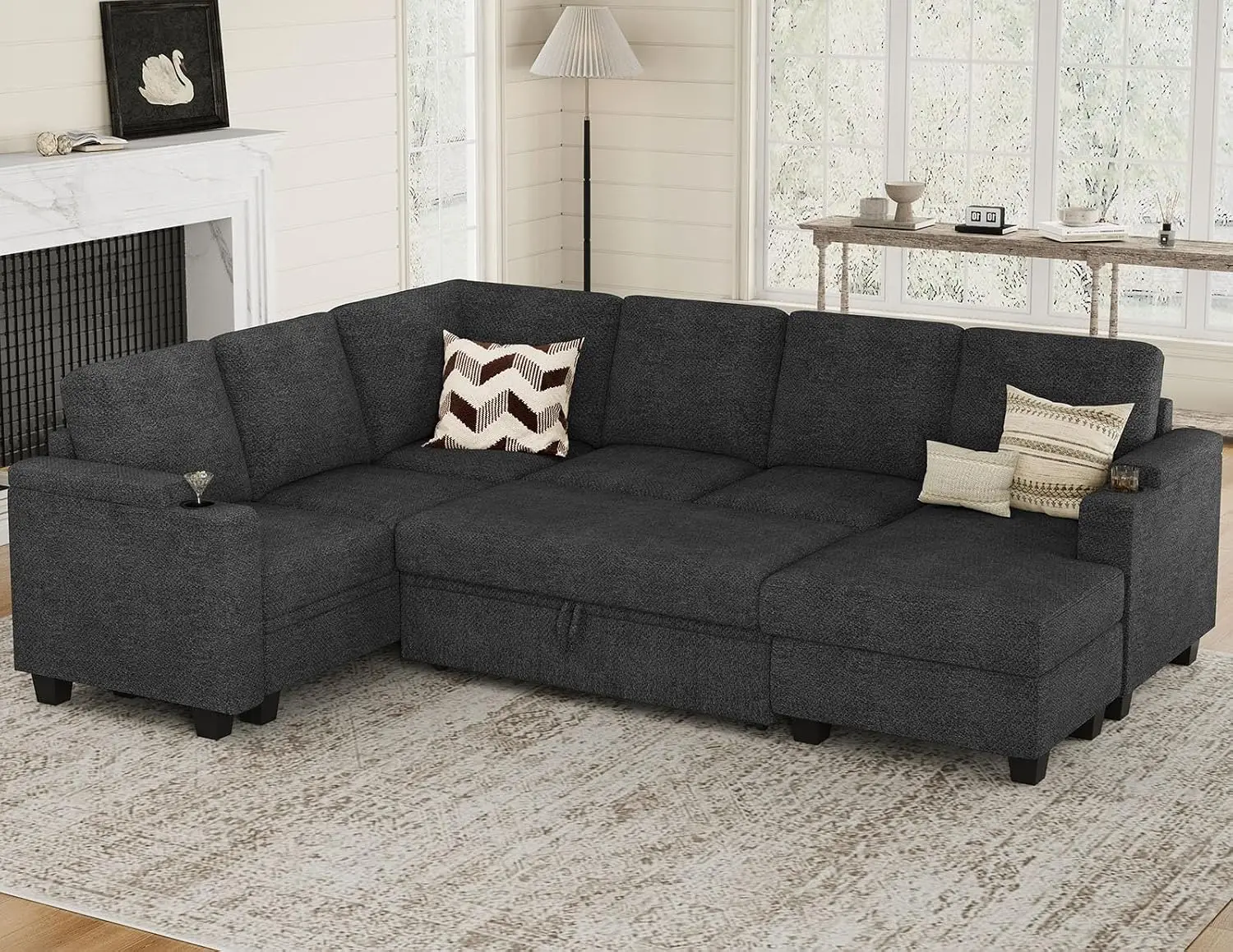Modular Sleeper Sofa Bed U Shaped Sectional with Pull Out & Storage Chaise for Living Room, Customized