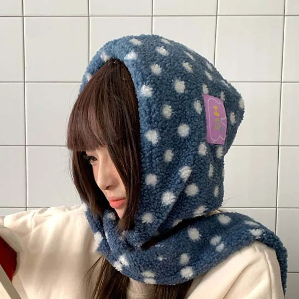 Integrated Design Hooded Scarf Hat Soft Fluffy Ear Protection Polka Dot Beanie Windproof Pull On Plush Balaclava Cap