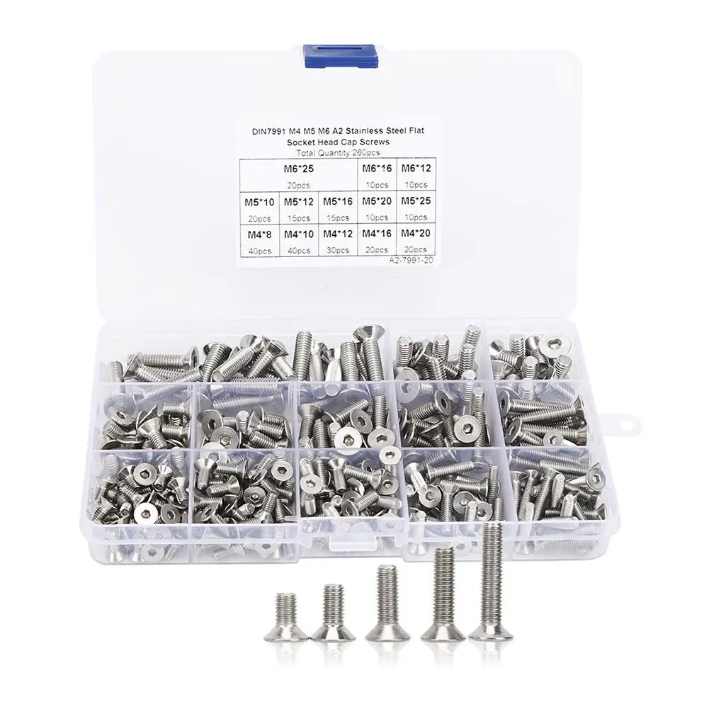 

260Pcs Stainless Steel 304 Flat Screw Set M4/M5/M6 Hex Socket Fasteners for electronics