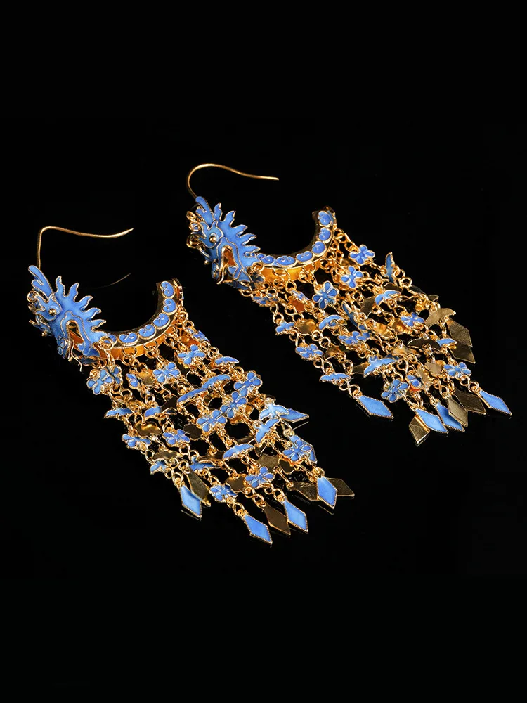 

inlaid jintang silver gilt burnt blue dragon antique style ancient Hanfu sterling silver ethnic styleearrings