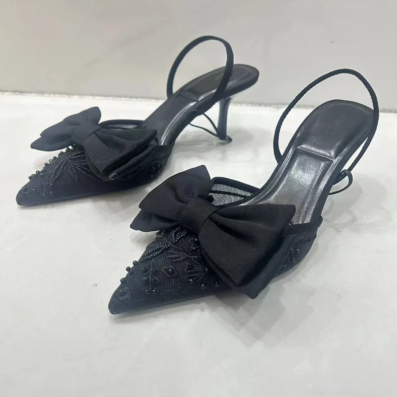 TRAF Woman Bowknot Pointed End Black High Heels Sandals 2025 Fashion Mesh Fabric Slingback Women Pumps Sexy Stiletto Woman Shoes