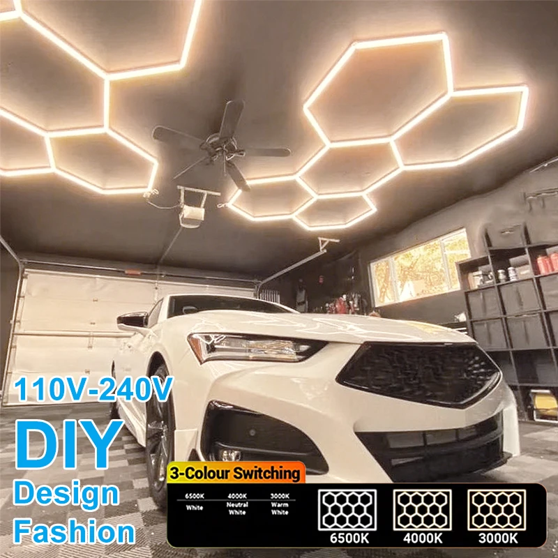 3 Color Change LED Hexagon Garage Lights 3000K-6500K Gym Honeycomb LED Tube Light for Car Workshop Barber Ceiling Lighting