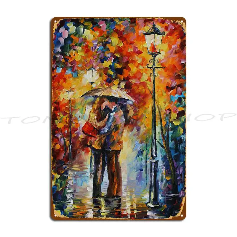 Warm lights at night  Leonid Afremov   Kiss in the Rain   Metal sign  Creative design  Bar design  Signboard poster