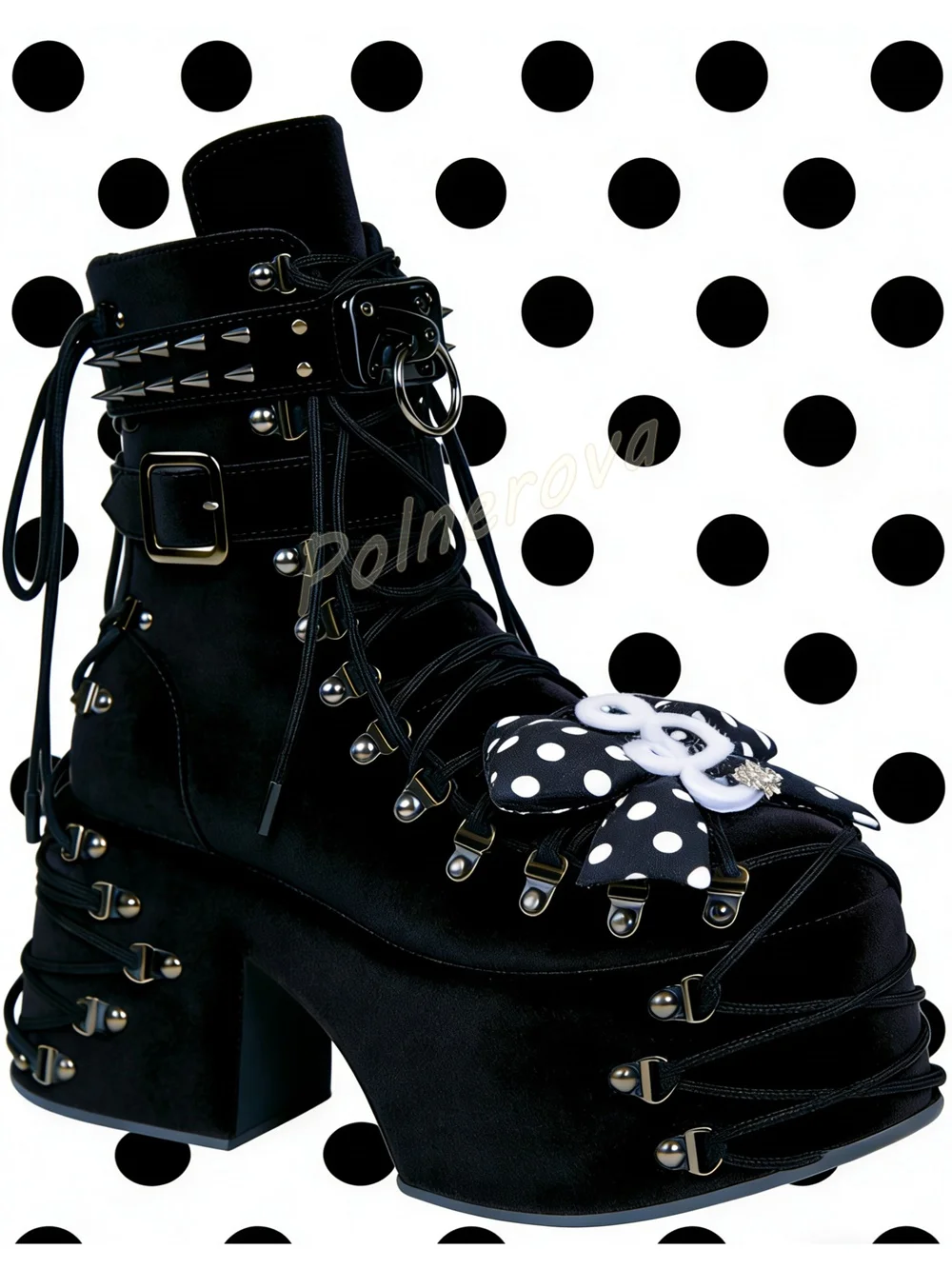 Velvet Doll Bow Spike Rivet Ankle Boots Gothic Platform Women Buckle Lace Up Chunky High Heel Shoes Black Punk Party Goth Shoes
