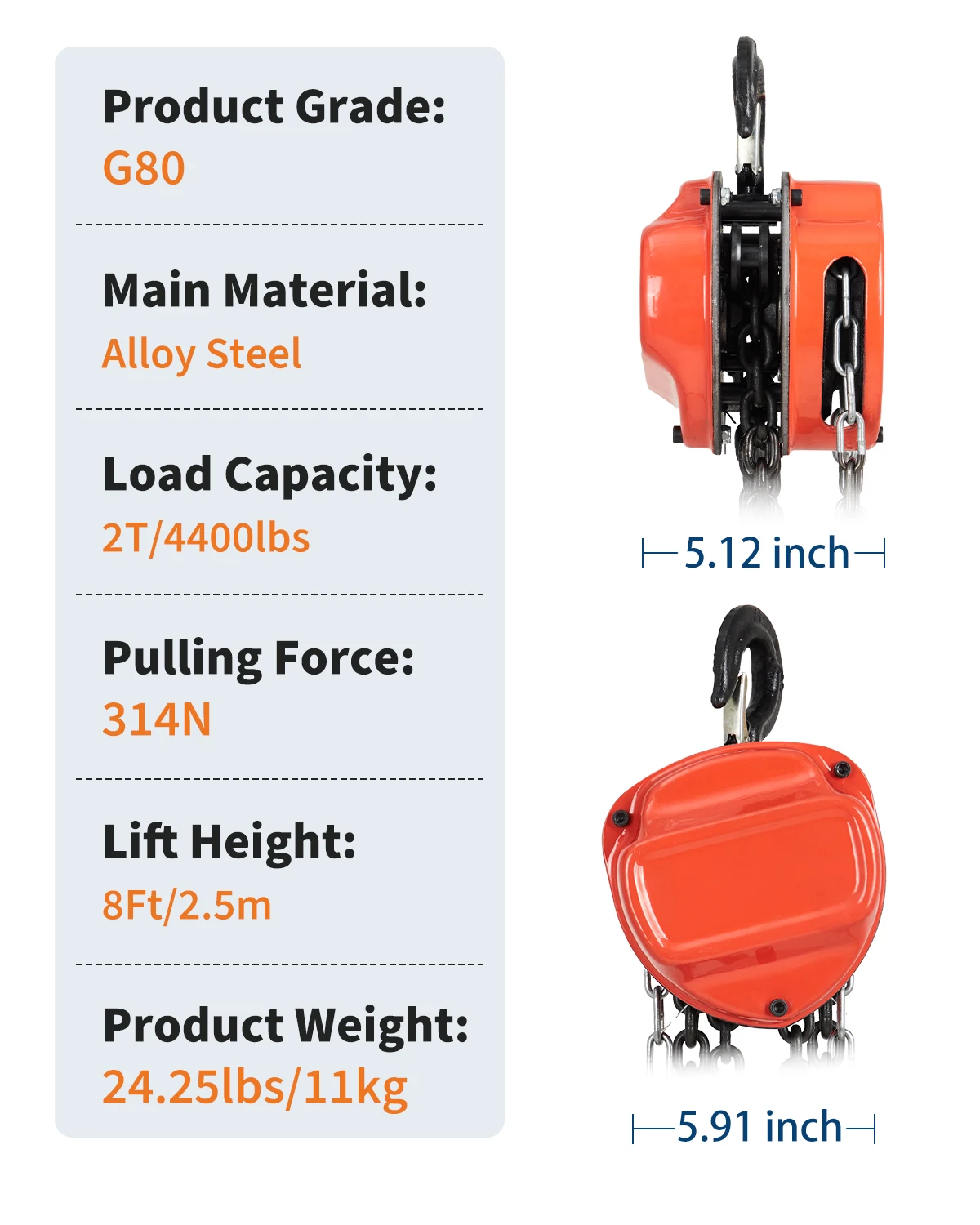 G80 Manual Hand Chain Hoist, 2 Ton (4400 lb) Capacity, 8 ft Lift, Heavy-Duty Chain Block for Garage, Factory & Dock, Orange