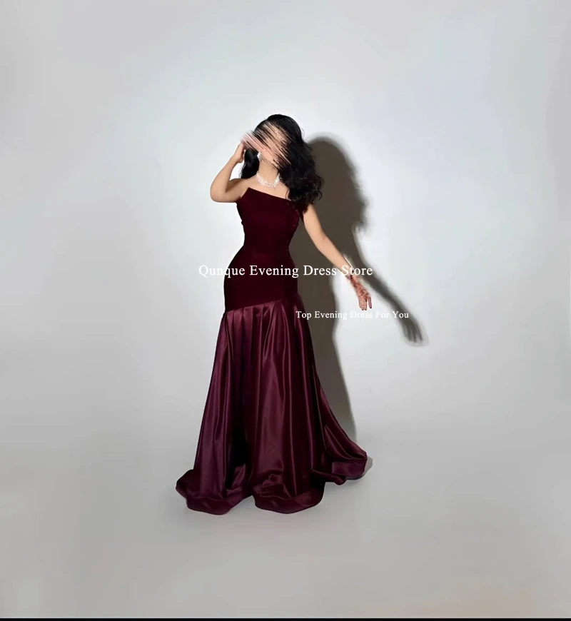ชุดราตรีทรงเมอร์เมดสีเบอร์กันดีสำหรับผู้หญิง แขนกุด จับจีบ ดีไซน์เซ็กซี่ ชุดเดรสสำหรับงานเลี้ยง งานพิเศษ สามารถสั่งตัดได้