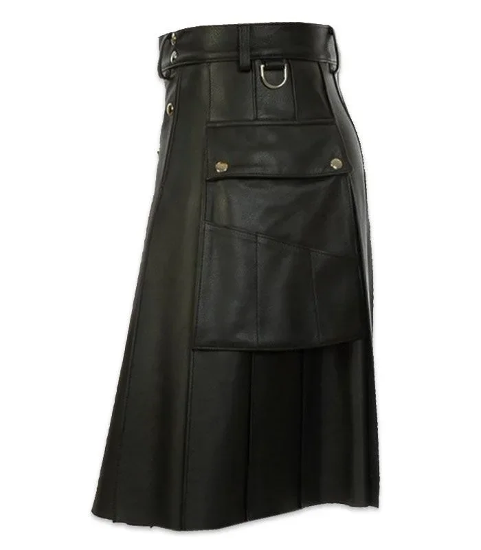 Hot selling men\'s faux leather pleated skirt fashion Scottish style leather belt solid color pleated skirt fashion men\'s skirt