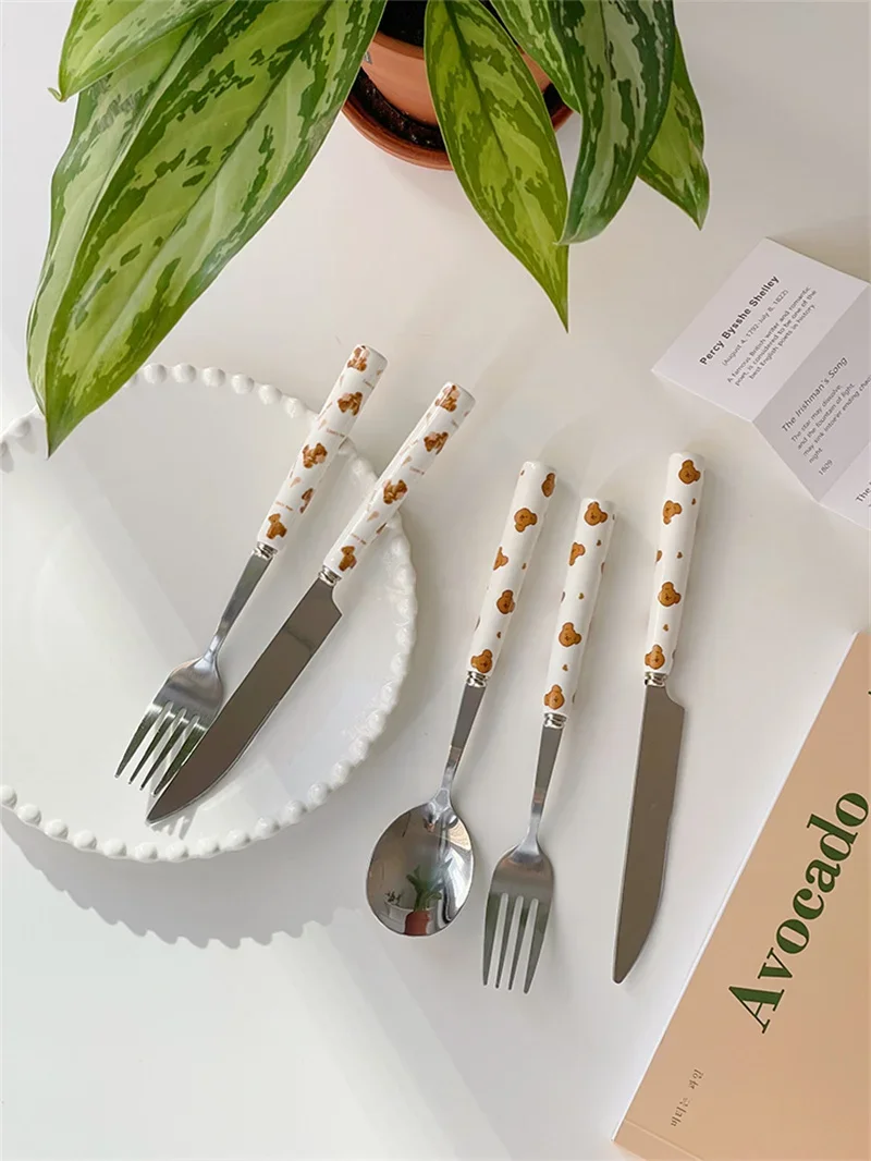 Cute Bear Tableware Stainless Steel Knife Fork Spoon Students Cutlery Set Ceramics Handle Coffee Dessert Fork Spoon Kitchen Tool