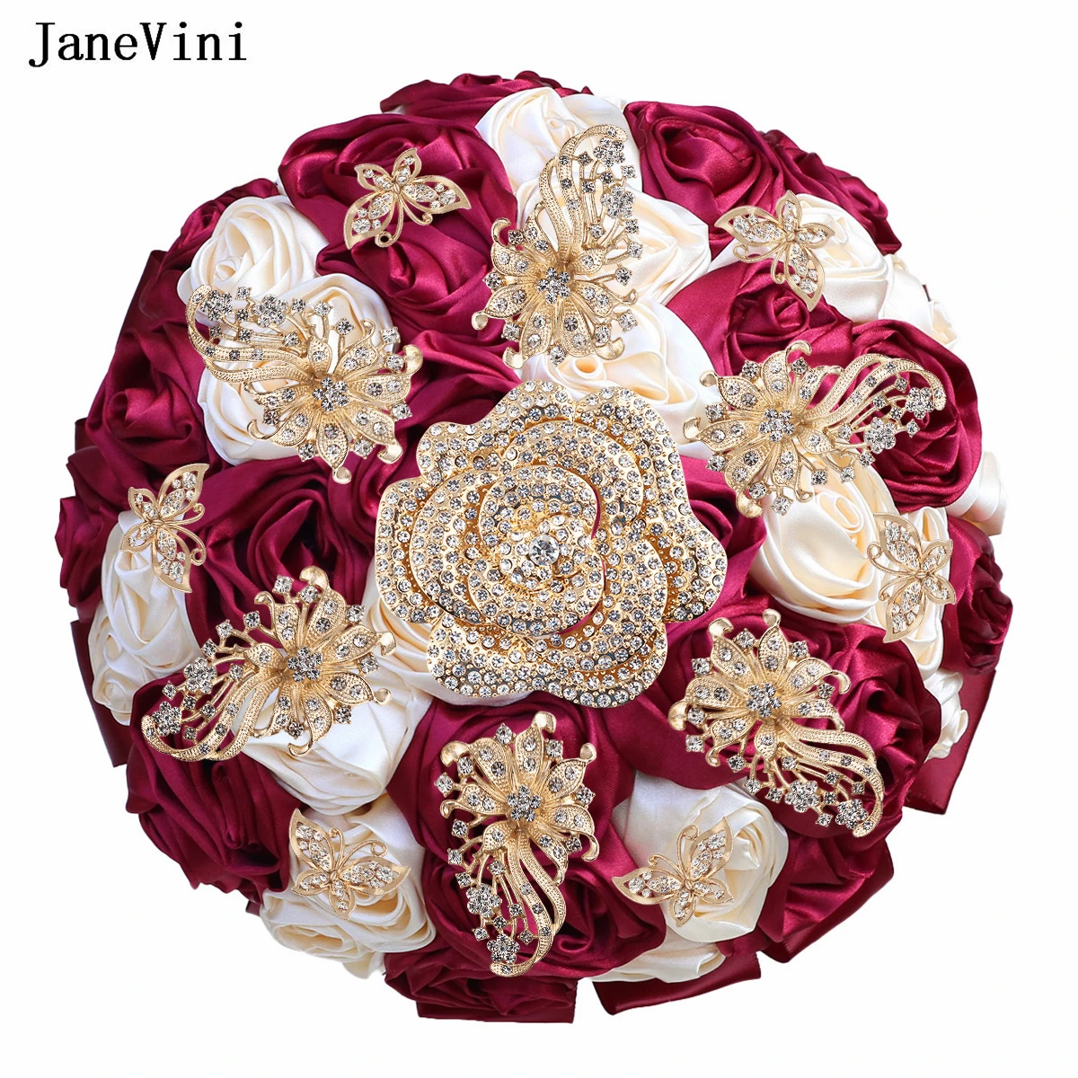 JaneVini-broche nupcial de albaricoque rojo oscuro, ramos de rosas doradas brillantes, diamantes de imitación, rosas artificiales de satén, ramo de flores de boda