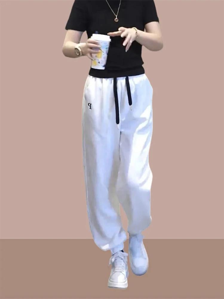 

Белые спортивные брюки с высокой талией для похудения, женские летние тонкие новые брюки Harlan, модные спортивные брюки маленького размера