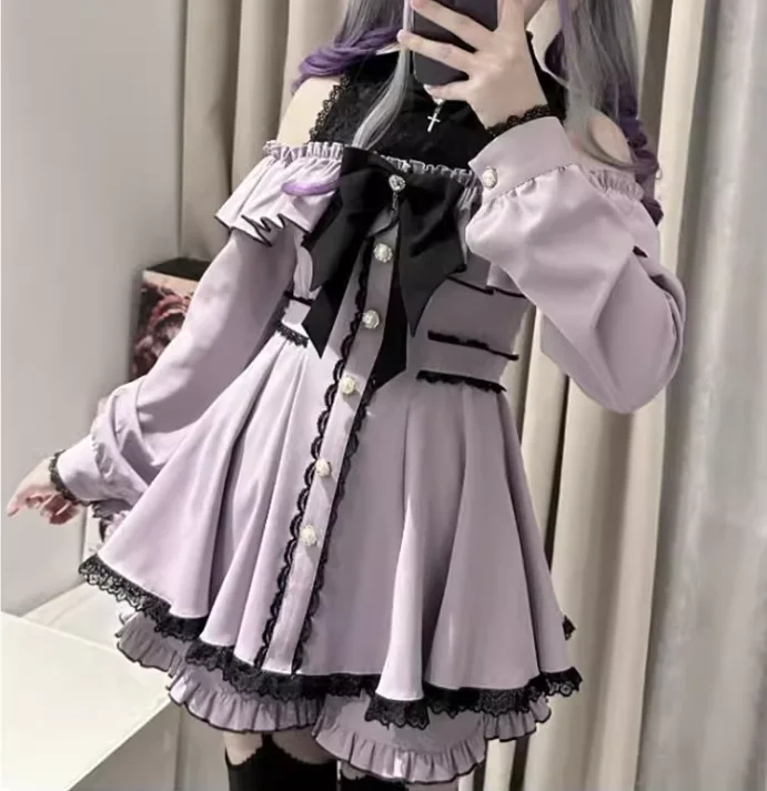 Lente Herfst Zoete Japanse Off-the-shoulder Kant Lange Mouw Jurk Hoge Taille A-lijn Leeftijdsverlagende Vrijetijdsjurken Shorts Sets