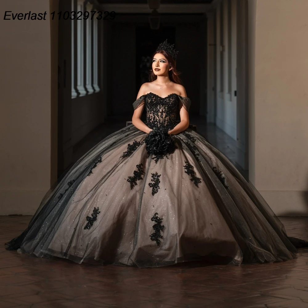 

EVLAST принцесса Черное Платье для Quinceanera бальное платье Кружевная аппликация бисером бант мексиканский корсет милый 16 Vestido De 15 лет QD1118