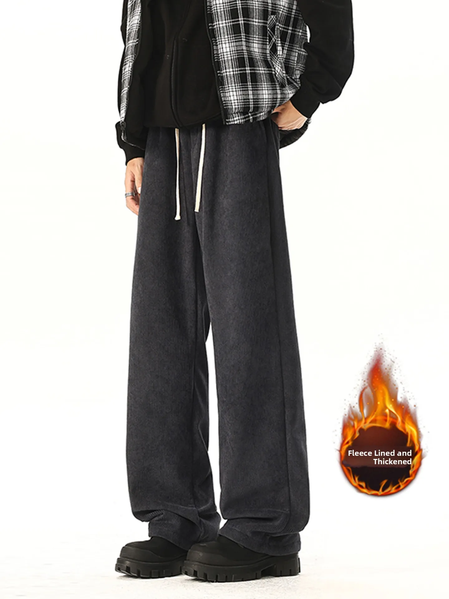 

Men's Corduroy Pants Thiened Winter Straight Leg Casual Trousers High Waist Long Length Faionable Warm Color