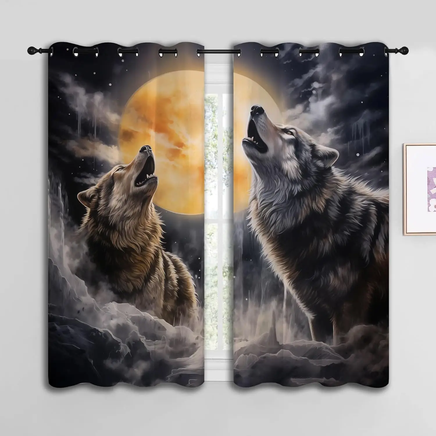 Fantasy Wolf Blackout Curtains for Boys Girl Bedroom Decor,Full Moon Starry Sky Wildlife Retro Thermal Insulated Grommet Drapes