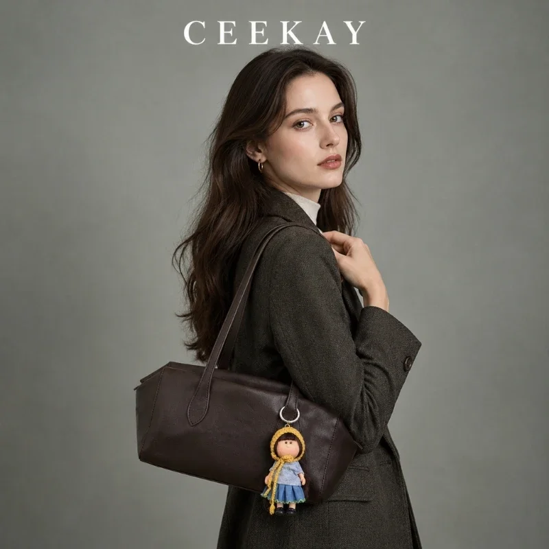 CEEKAY Leather Long Shape Bag Doll Charm Top Zip Twin Strap All Match Daily Life Spacious Elegant Classic Purse for Women