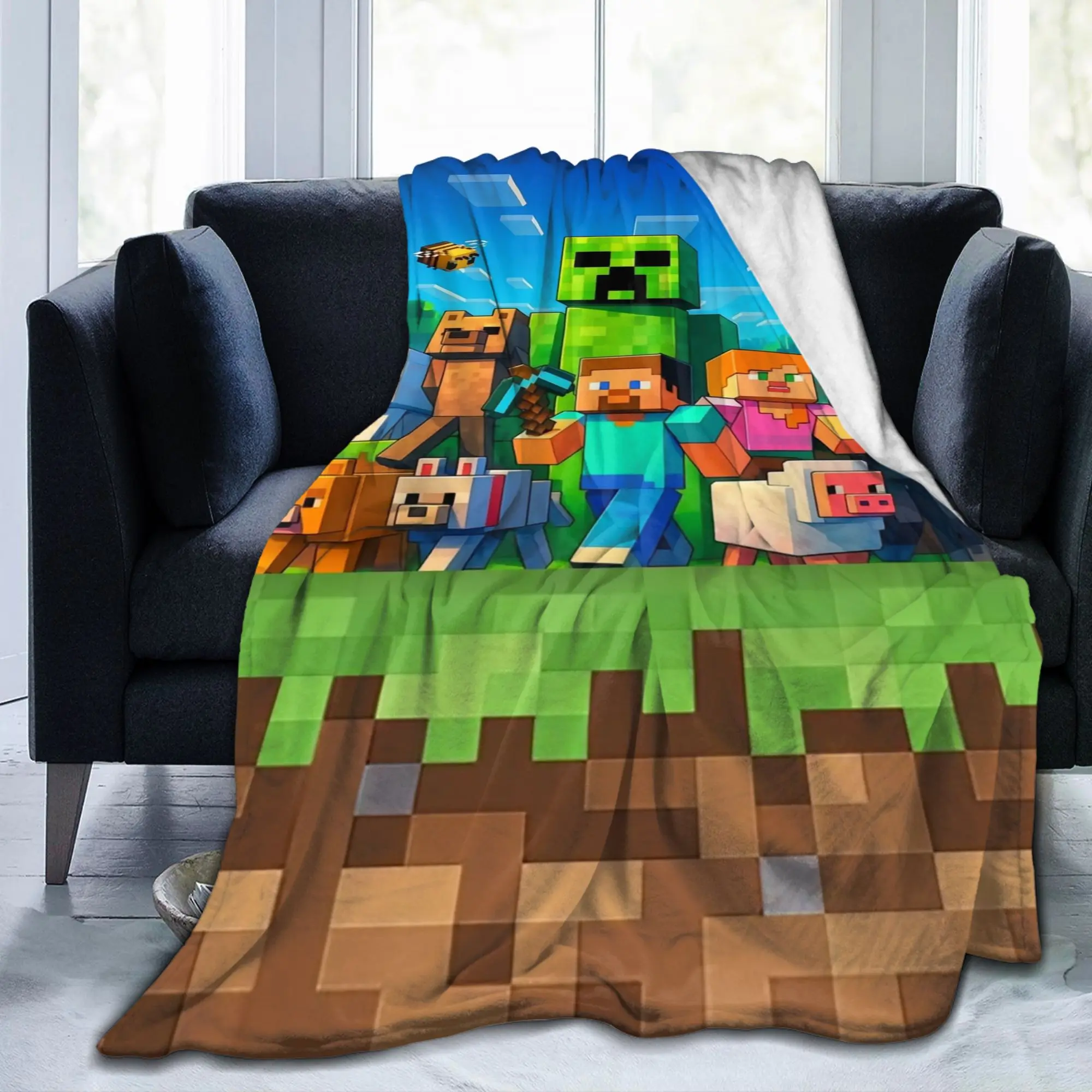 M-Minecrafts Grassland Trip Blankets  Warm Pattern Plush Throw Blanket For Bedroom Camping Flannel Bedspread Bed Cover