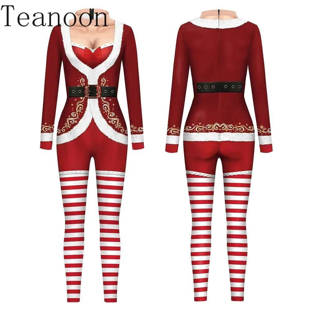 Mono rojo de Papá Noel para mujer, traje de Cosplay de Navidad, body ajustado, traje Zentai de fiesta, Catsuit de impresión 3D para adultos, mamelucos de Spandex