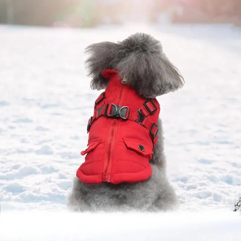 Casacos de inverno para cães pequenos, jaquetas impermeáveis com arnês e anéis D, casacos quentes com zíper para clima frio