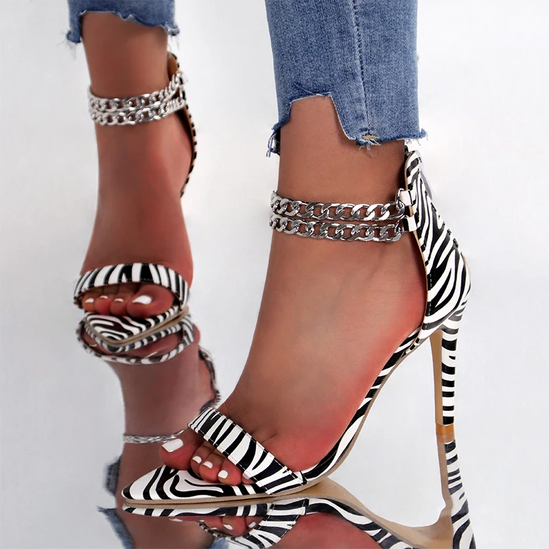 

One Word Strap Stiletto Sandals Plus Size, Sexy European and American Style Zebra Leopard Print High Heels Casual Summer Sandals