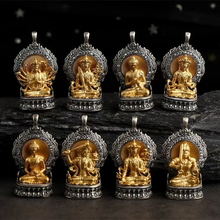 

Eight Patron Saints of The Twelve Zodiac Signs, Benming Buddha Copper Plated with Thai Silver, Old Gawu Box