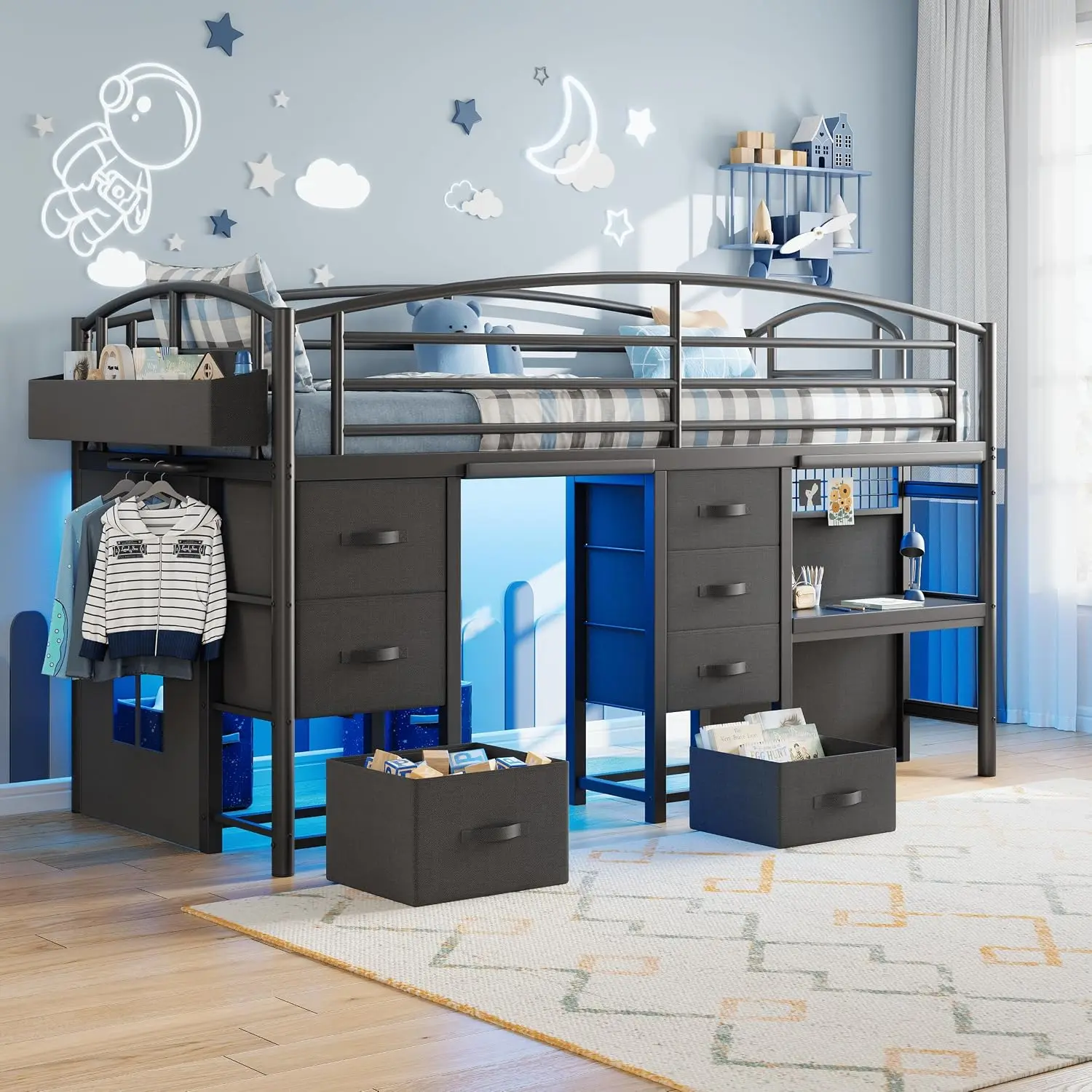 Low Loft Bed Twin Size with 7 Storage Drawers, Desk & LED Lights, Heavy Duty Metal Kids Loft Bed with Safety Guardrail, Play Cur