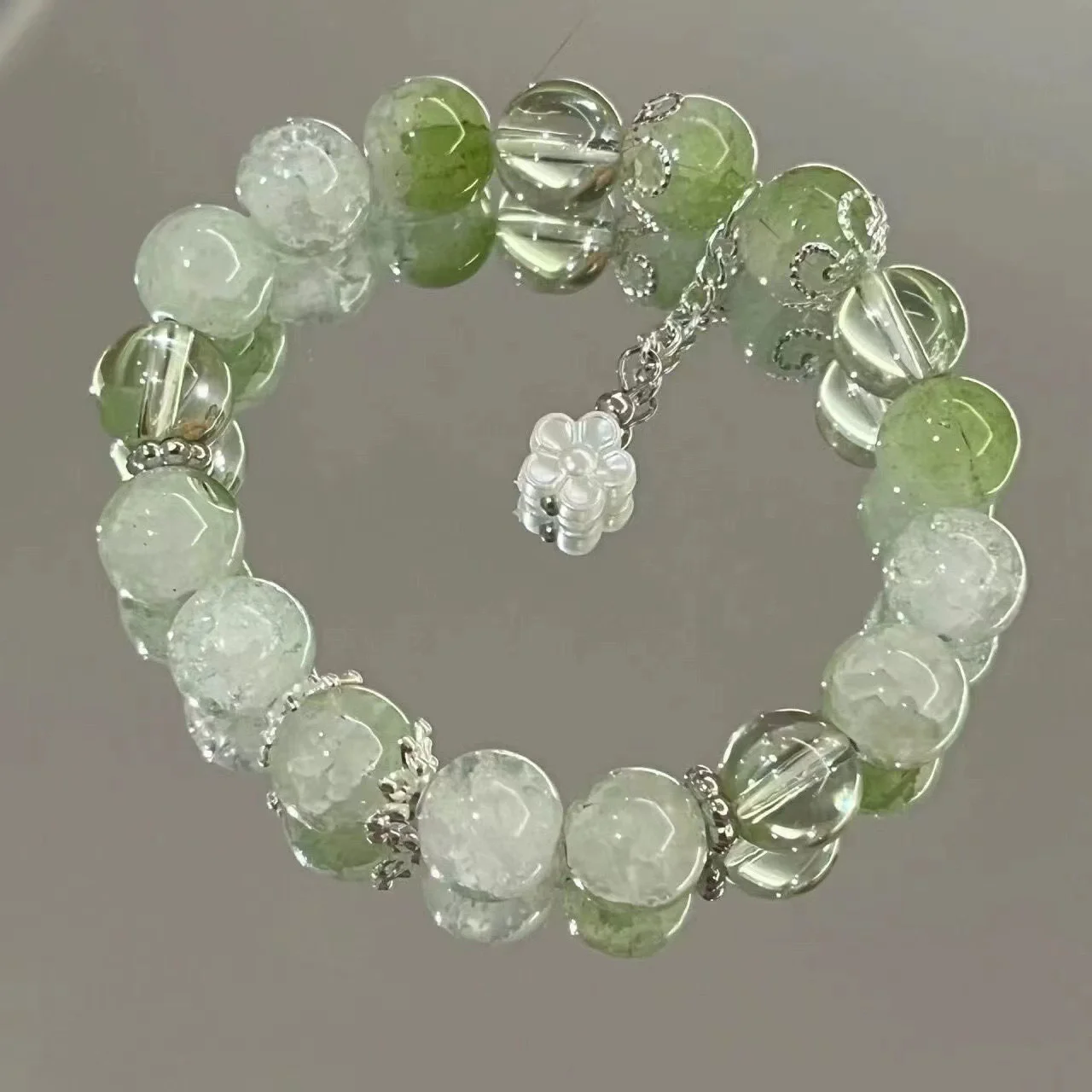 Gradient Green Beaded Bracelets Bangles for Women Fashion Flower Charms Bracelet Girls Party Sweet Elastic Jewelry