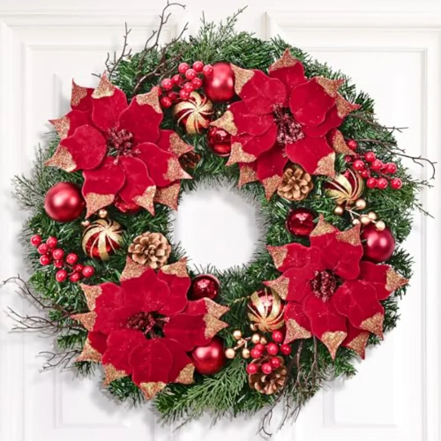 

Рождественские украшения - 20-дюймовые рождественские венки для входной двери с цветами пуансеттии, искусственными красными ягодами и подсветкой.